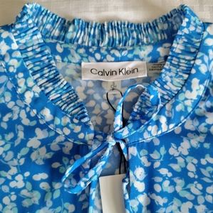 Calvin Klein blouse pullover ruffle tie neck sleeveless size S blue floral
